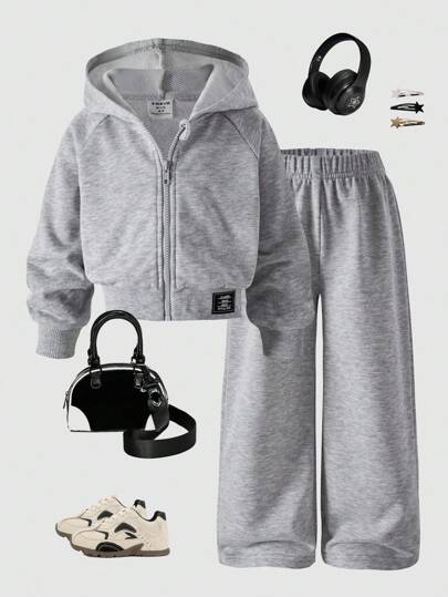 SHEIN ChillGRL Streecool 年轻女孩休闲学院风年轻女孩百搭小标志连帽宽松拉链运动衫和阔腿运动裤套装，适合休闲和运动