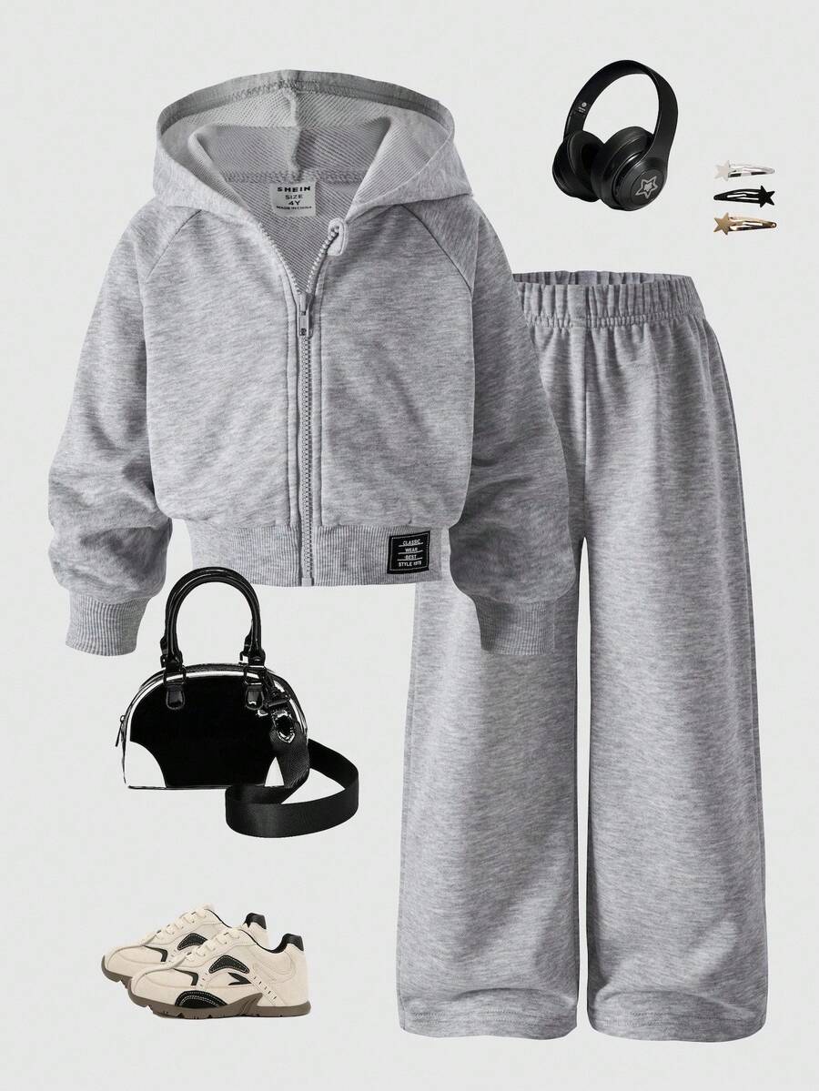 SHEIN ChillGRL Streecool 年轻女孩休闲学院风年轻女孩百搭小标志连帽宽松拉链运动衫和阔腿运动裤套装，适合休闲和运动 - 淺灰色 - 查看 1