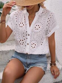 Breezaya 網眼刺繡蝙蝠袖前紐扣襯衫 - 白色 - 查看 5