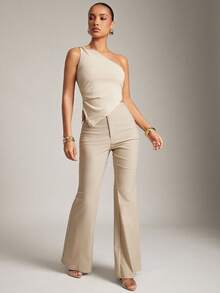 Hauture Old Money Sexy Business Casual Office Solid Flare Leg Pants For Women Elegant High Waist, Chic Professional Trousers, Vintage-Inspired Workwear Style