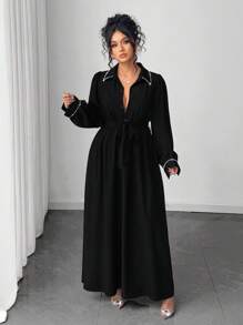 Elenzga Plus Size Elegant Commuter Long Dress With Pearl Decor Fall Cloth For Women - Black - View 5