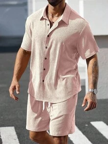 Manfinity Homme Plus Size Men's Solid Color Short Sleeve Shirt And Shorts Set - Baby Pink - View 6