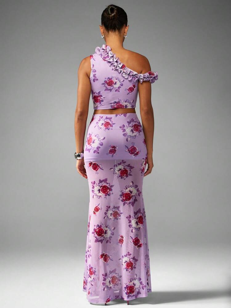 MISSGUIDED Floral Ruffle Off Shoulder Crop Top And Maxi Skirt Summer Wedding Guest Party Beach Festival Resort Evening Wear Occasion Two Piece Outfit