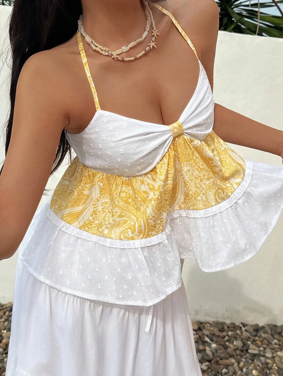 Sunnyshic 女士夏季度假休闲佩斯利拼布细肩带吊带背心 - 黃色 - 查看 1