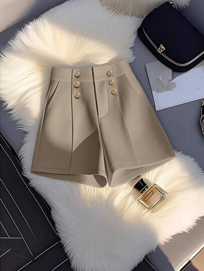 SHEIN Clasi Women's Fashionable Elegant Minimalist Decorative Button A-Line Practical Pocket Versatile Solid Color Shorts, Spring/Summer