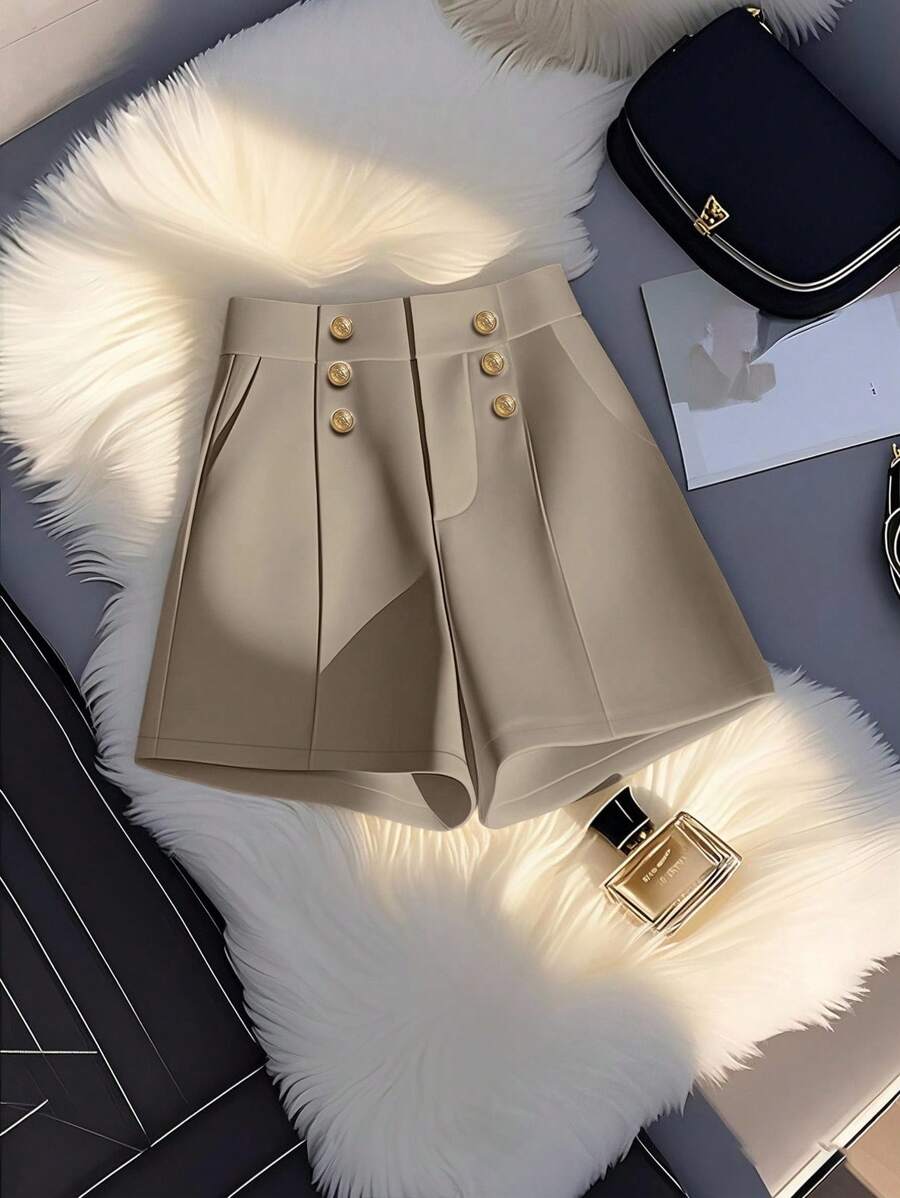 SHEIN Clasi Women's Fashionable Elegant Minimalist Decorative Button A-Line Practical Pocket Versatile Solid Color Shorts, Spring/Summer - Khaki - View 1