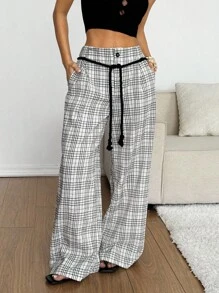 SHEIN EZwear 2025新款时尚女式休闲宽松格子阔腿基本款裤子外出教师女士返校节冬季秋季女士返校节2000年代风格街头服饰Y2K - 彩色 - 查看 4