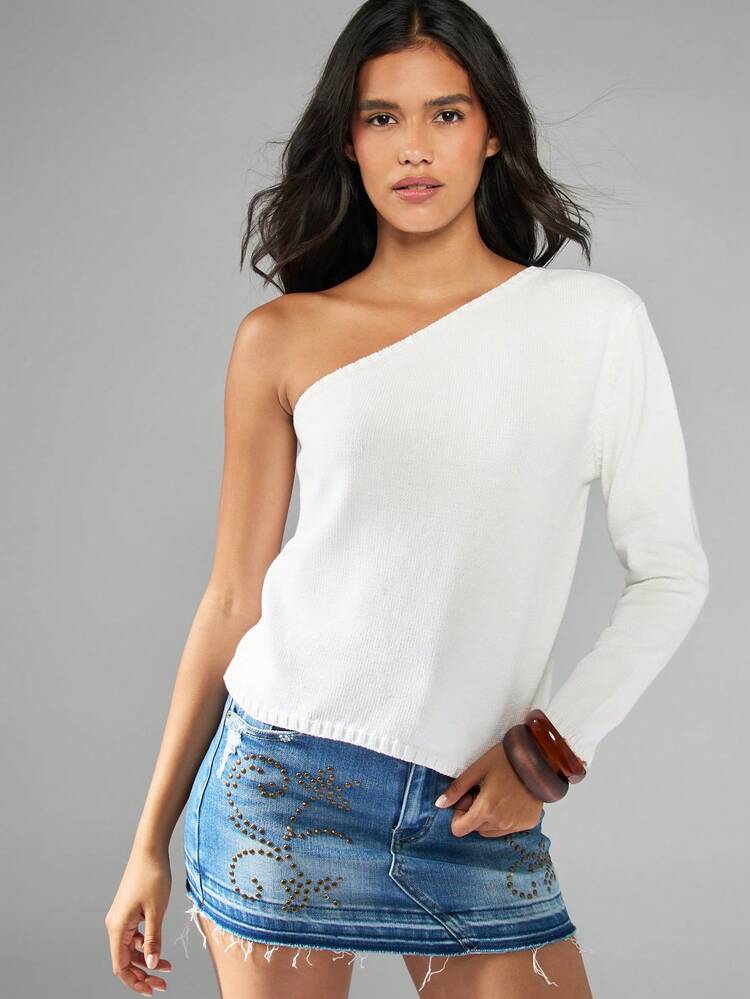 MISSGUIDED One Shoulder Long Sleeve Asymmetric Knit Top Pullover Evening Party Club Night Out Winter Holiday Elegant Casual Basic Fashion Contemporary Crop Sweater