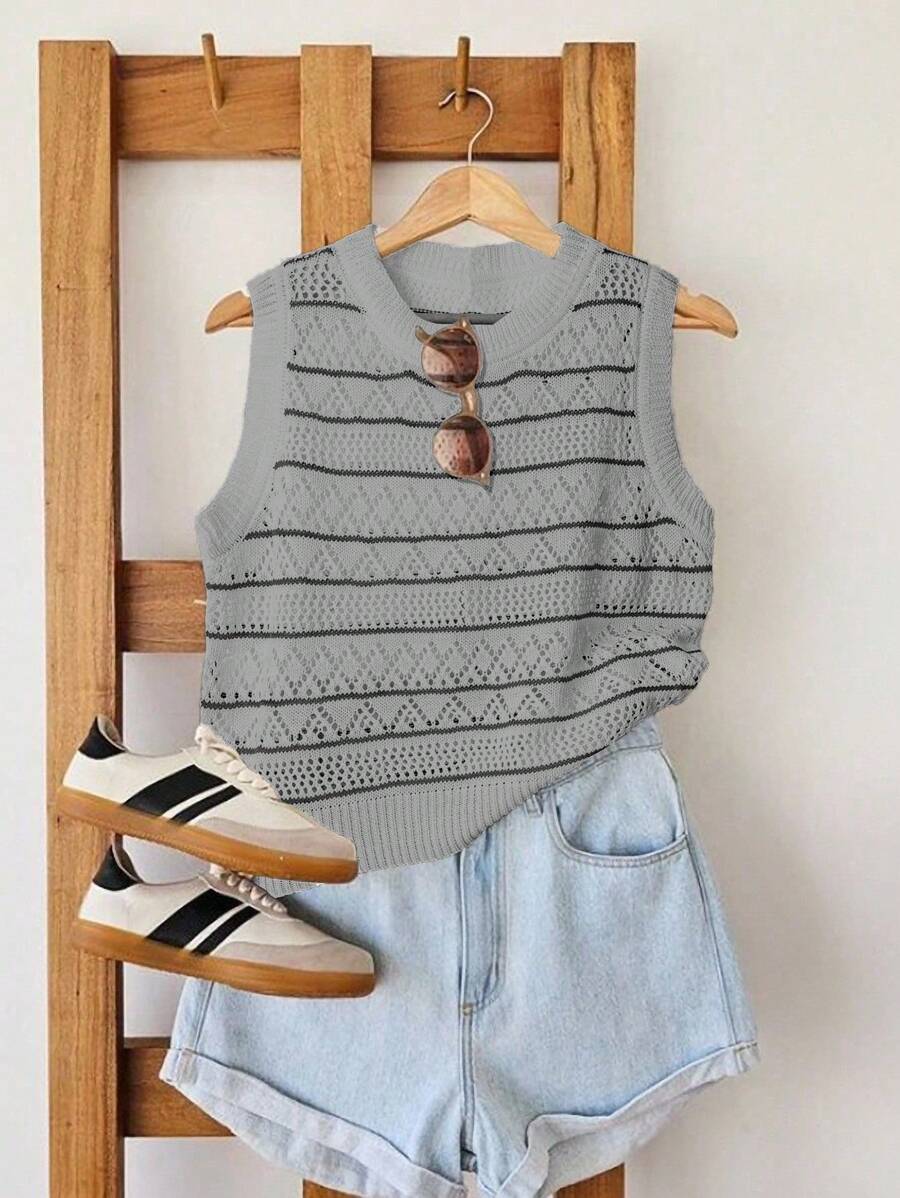 Breezaya 女款撞色条纹无袖镂空针织上衣 - 淺灰色 - 查看 1