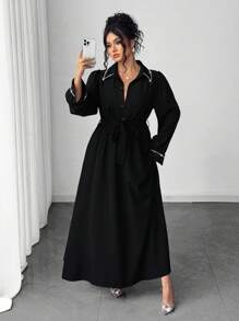 Elenzga Plus Size Elegant Commuter Long Dress With Pearl Decor Fall Cloth For Women - Black - View 3