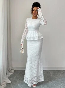 Elenzga 女士优雅秋季圆领长袖收腰 A 字纯色蕾丝网眼刺绣镂空花卉上衣和紧身美人鱼裙 2 件套，适合约会 - 白色 - 查看 7