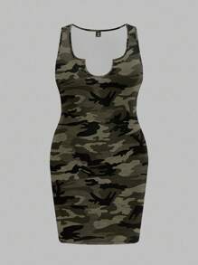Slaydiva 大码无袖迷彩印花修身休闲连衣裙