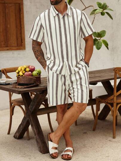 Manfinity Homme Plus Size Men's Casual Striped Shirt And Shorts Set