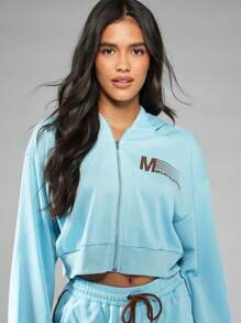 MISSGUIDED Áo hoodie ngắn tay có khóa kéo MGathletics mặc ở nhà ấm áp mùa đông thiết yếu phong cách đường phố cổ điển nhẹ nhàng thoải mái thường ngày lấy cảm hứng từ thời trang mùa thu xuân - Màu xanh lam - Xem 5