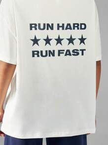 MISSGUIDED Camiseta de entrenamiento motivacional oversize con eslogan "Corre duro, corre rápido", de manga corta, cuello redondo, mezcla de algodón, corte holgado, ropa deportiva casual - Blanco - Ver 6