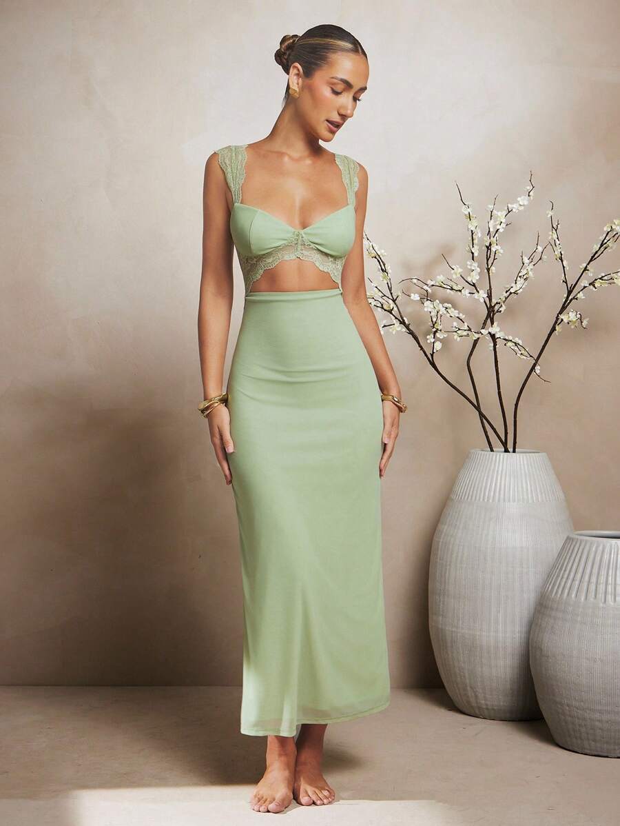 L'Amorae Elegant Lace Mesh Cut Out Sleeveless Maxi Dress