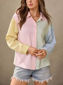 Wildy Fall Country Chic Women Clothes Pink Butter Yellow Blue Blouse Women's Casual Button Up Shirt Women Stripe Blouse Everyday Contrast Striped Zip-Up Long Sleeve Shirt Preppy Tops Business Casual Striped Blouse  Western Wear Women Stripe Shirt Back To School Fashion Christmas Clothes Button Down Blouses For Women - Pink - View 5