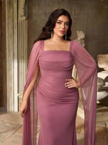 Aureia Plus Size Autumn And Winter Elegant Romantic Lotus Purple Swaying Collar Splicing Large Floating Piece Pleated Pleated Slim Fishtail Hem Suitable For Dinner Holiday Party Date Dance Wedding Event Bridesmaid Dress - Purple - View 7