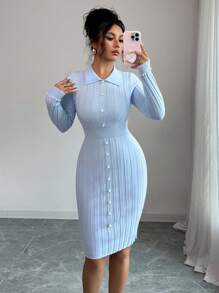 Elenzga Robe pull moulante pour femmes avec col côtelé, décoration de perles et taille ajustée - Bleu azur - Voir 6