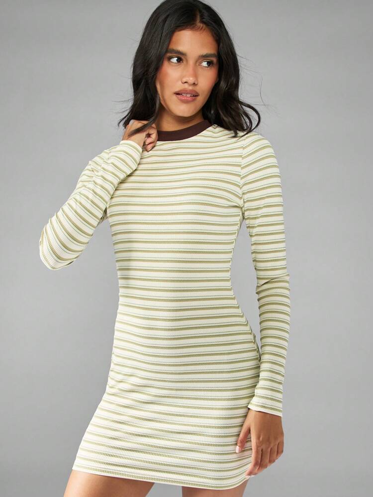 MISSGUIDED Striped Long Sleeve Ribbed Knit Mini Dress Form Fitting Bodycon Winter Fall Spring Everyday Essential Basic Fashion Crew Neck College Style