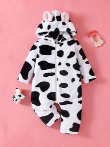 SHEIN Autumn/Winter Baby Girl Plush Cute Black & White Romper Cow Print Baby Clothes Baby Cow Jumpsuit Fall