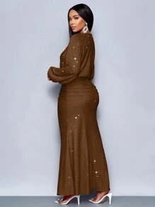 SOLERSUN 适合圣诞派对度假和约会和情人节约会粉色优雅美人鱼下摆紧身性感连衣裙长款女装 - 咖啡 - 查看 2