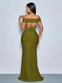 SOLERSUN 适合圣诞派对度假和约会优雅的勃艮第优雅扭曲露肩露背肩带高开叉美人鱼连衣裙，带有金属光泽的超长女士服装