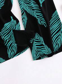 女式宽松直筒休闲裤，配色块花卉印花 - 綠色 - 查看 4