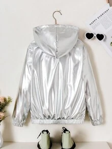 Sparklyn Tween Girl 金属休闲连帽羊毛夹克 - 銀色 - 查看 2