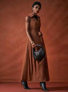 Zivah 2025秋冬新品，音乐节，毕业季，学院风，学生装，日常休闲，百搭百搭，休闲，沙滩，街头风，通勤优雅，翻领无袖长款系带风衣外套，棕色 - 棕色 - 查看 9