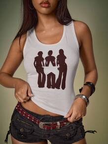 Y2Kool BiGraphic 女式修身朋克五角星印花性感吊带背心，休闲上衣，适合返校、度假、派对图案 T 恤，女式短款嬉皮上衣，Y2K 服装 - 白色 - 查看 2