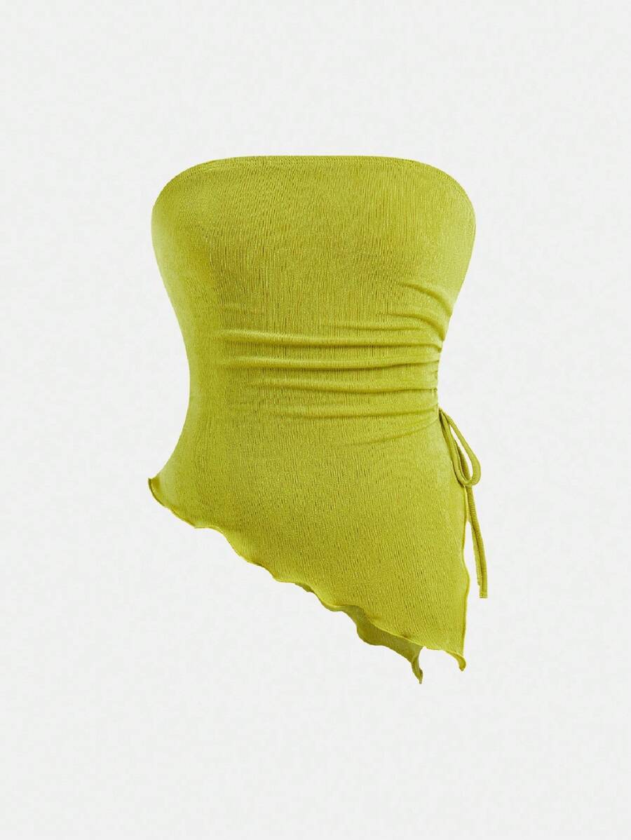 青少年女孩合身休闲简约舒适无袖不对称下摆背心 - 青檸色 - 查看 1