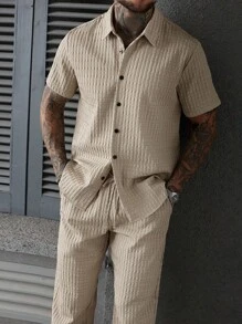 Manfinity Homme Bộ quần áo và áo sơ mi trơn màu thường ngày dành cho nam - Màu Khaki - Xem 5