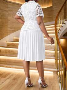 Fleurora Women Elegant White Spring Formal Party Dress,Plus Size Commuting Office Bodycon Midi Dresses,Short Sleeve Mesh Contrast Collar Business Casual Wear - White - View 2