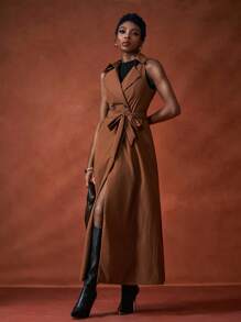 Zivah 2025秋冬新品，音乐节，毕业季，学院风，学生装，日常休闲，百搭百搭，休闲，沙滩，街头风，通勤优雅，翻领无袖长款系带风衣外套，棕色 - 棕色 - 查看 3