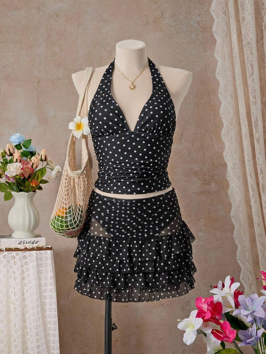 Bellisia Women's Polka Dot Print Halter Tankini Top And Triangle Bottoms Set With Skirt