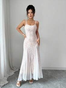Rafferiza Elegant Women's Full Lace White Summer Dress,Fishtail Clashing Hem Design Wedding Guest Dress With Flesh Lining For Dining - White - View 7