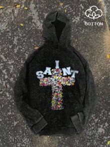 Manfinity Dauomo Áo nỉ nam có mũ, in hình chữ thập, thiết kế đặc biệt cho mùa thu. - màu đen - Xem 1