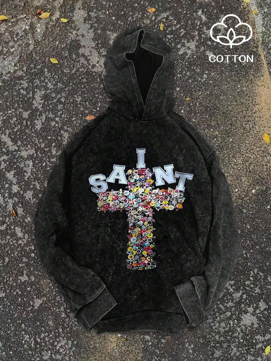 Manfinity Dauomo Áo nỉ nam có mũ, in hình chữ thập, thiết kế đặc biệt cho mùa thu. - màu đen - Xem 1