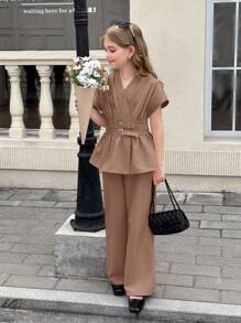 SHEIN Stylish Khaki Belted Pants And V-Neck Batwing Sleeve Blouse For Casual Wear Teen Girl Brown Set Tween Girl Wide Leg Pants And Peplum Top Two Piece Set, Back To School Clothes Girls