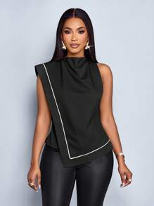 SOLERSUN Women's Commuting Draped Collar Contrasting Black Stripe Linen Asymmetrical Hem Blouse - Black - View 6