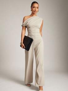 Hauture 女式不对称缀饰褶饰单肩垂坠上衣，女式日常上衣 - 卡其色 - 查看 4