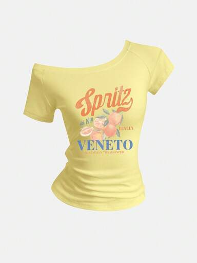 SHEIN Sweetro Women's Summer Slim Fit Asymmetrical Shoulder T-Shirt, Cocktail Orange Italian Beach VENETO Basic Off Shoulder Top Tee