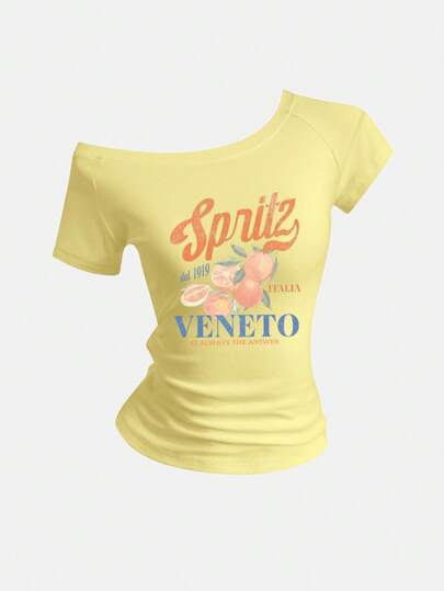 SHEIN Sweetro Women's Summer Slim Fit Asymmetrical Shoulder T-Shirt, Cocktail Orange Italian Beach VENETO Basic Off Shoulder Top Tee