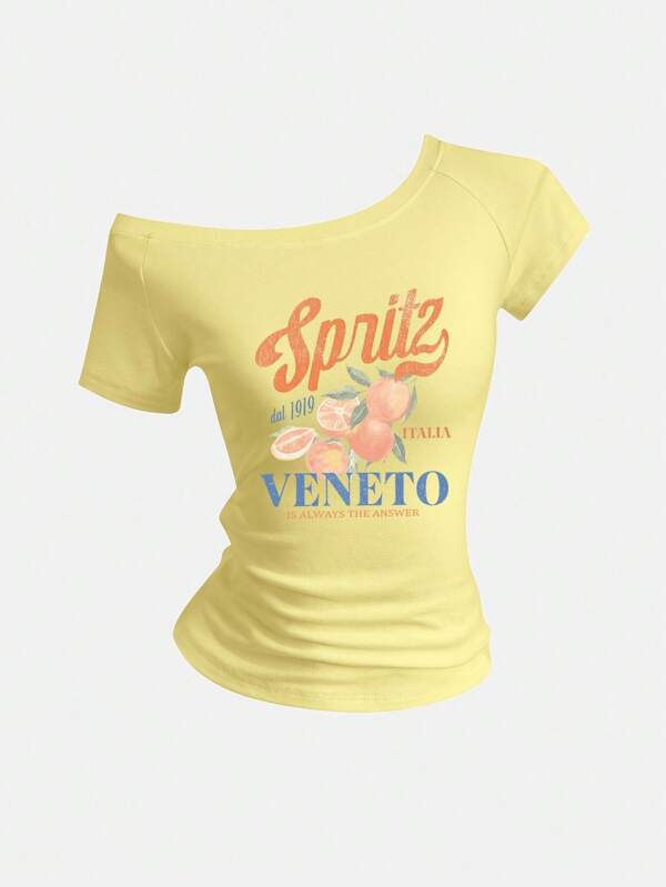 SHEIN Sweetro Women's Summer Slim Fit Asymmetrical Shoulder T-Shirt, Cocktail Orange Italian Beach VENETO Basic Off Shoulder Top Tee