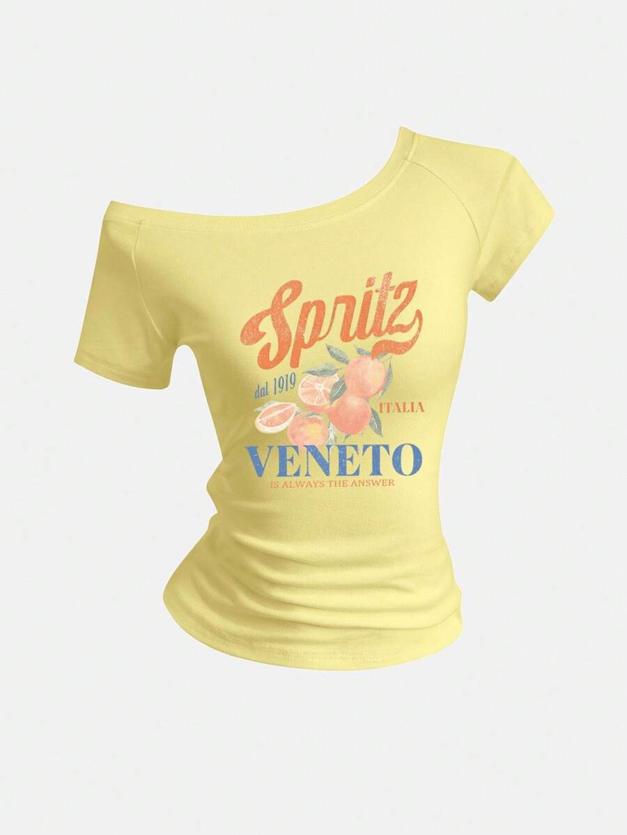 SHEIN Sweetro Women's Summer Slim Fit Asymmetrical Shoulder T-Shirt, Cocktail Orange Italian Beach VENETO Basic Off Shoulder Top Tee - Yellow - View 1