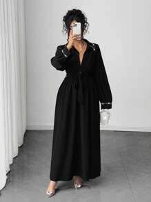 Elenzga Plus Size Elegant Commuter Long Dress With Pearl Decor Fall Cloth For Women - Black - View 4