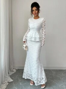 Elenzga 女士优雅秋季圆领长袖收腰 A 字纯色蕾丝网眼刺绣镂空花卉上衣和紧身美人鱼裙 2 件套，适合约会 - 白色 - 查看 5