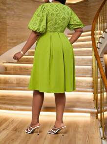Fleurora 春夏优雅通勤办公休闲外出休闲波西米亚风绿色编织刺绣圆领舞会礼服主教袖中长短袖大码连衣裙优雅套装办公连衣裙