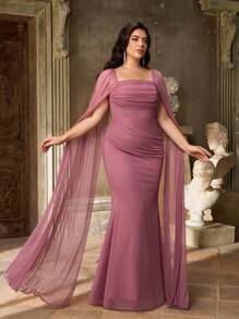 Aureia Plus Size Autumn And Winter Elegant Romantic Lotus Purple Swaying Collar Splicing Large Floating Piece Pleated Pleated Slim Fishtail Hem Suitable For Dinner Holiday Party Date Dance Wedding Event Bridesmaid Dress - Purple - View 3